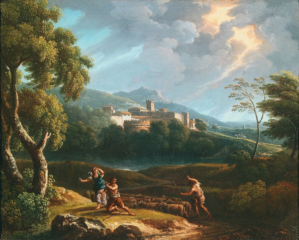 Paesaggio tempestoso con pastore e armenti